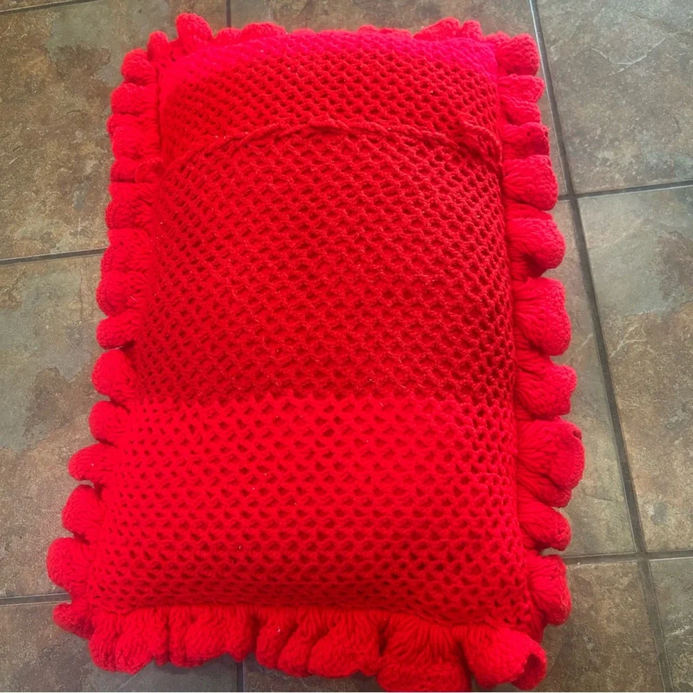 Vintage Hand Crocheted Ruffles and Bobbles Red Textured Throw Pillow